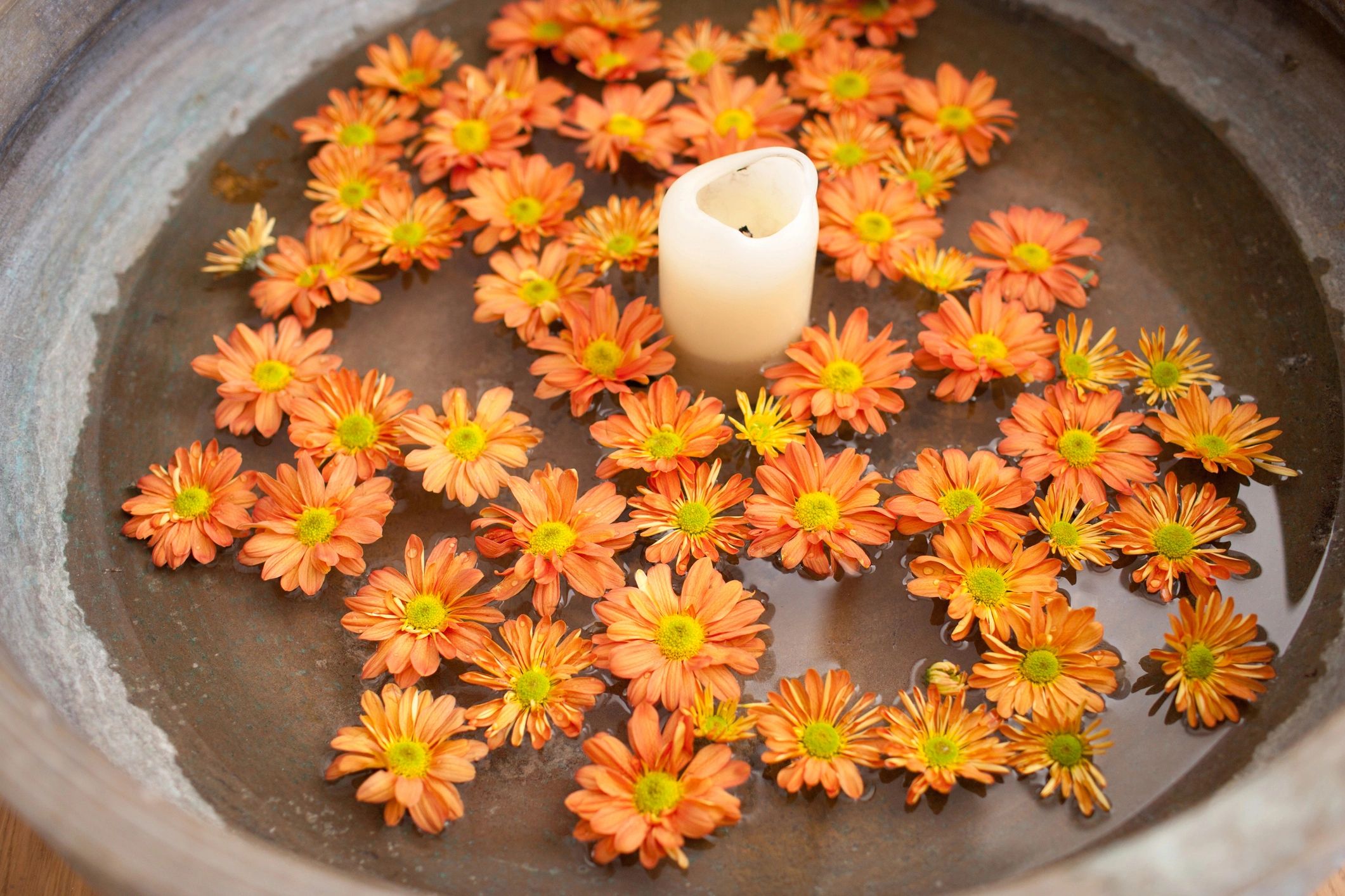 Flowers and candle in water for a peaceful devotional mood